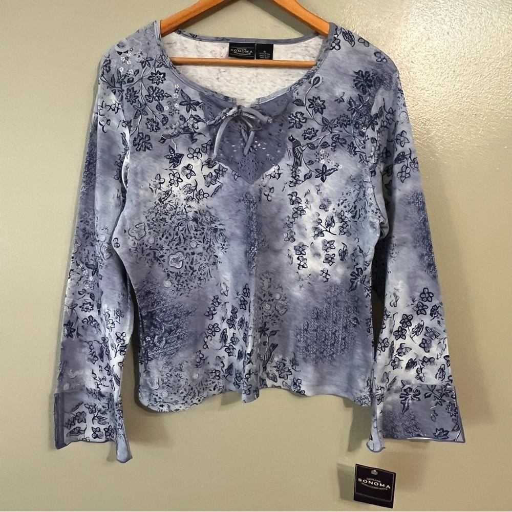Sonoma Y2K 100% Cotton  Blue Floral Women's Top Flare Sleeves XL NWT